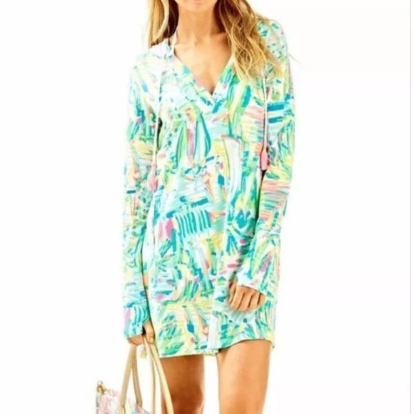 Lily Pulitzer Sz XS Rylie UPF Hooded Cover Up Sea Salt & Sunrope Tassel Dress - Picture 1 of 13